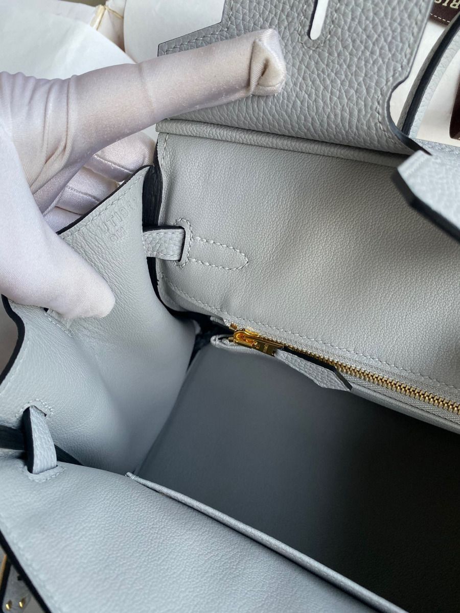 Hermes Birkin 25 Retourne Handmade Bag In Blue Glacier Clemence Leather - Image 10