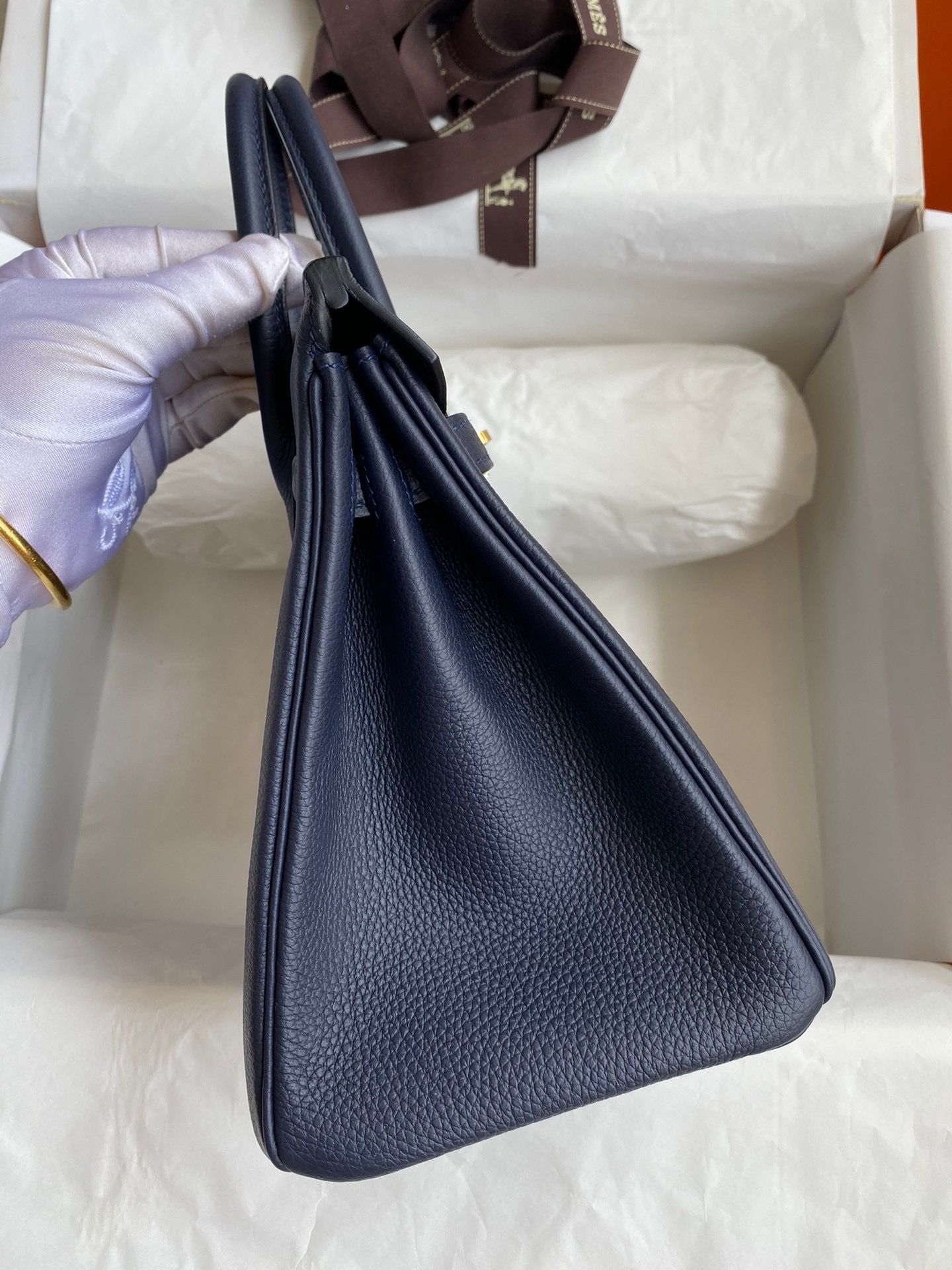 Hermes Birkin 25 Retourne Handmade Bag in Blue Nuit Clemence Leather - Image 3