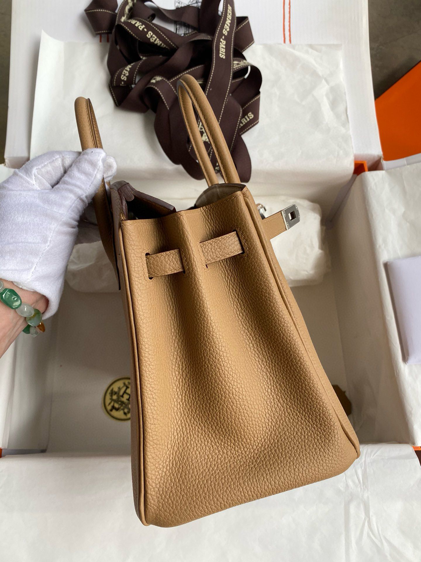 Hermes Birkin 25 Retourne Handmade Bag in Chai Clemence Leather - Image 6