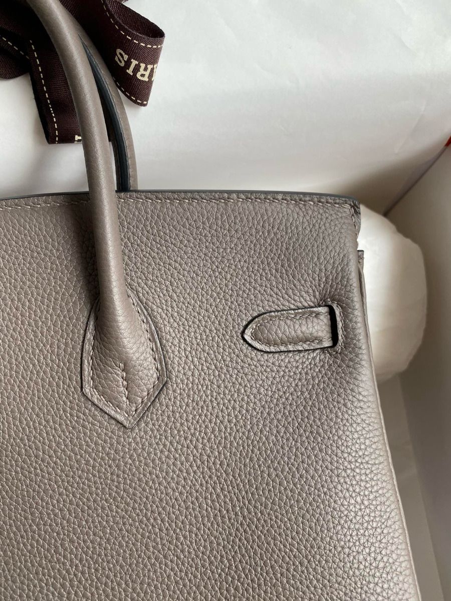 Hermes Birkin 25 Retourne Handmade Bag In Etain Clemence Leather - Image 5