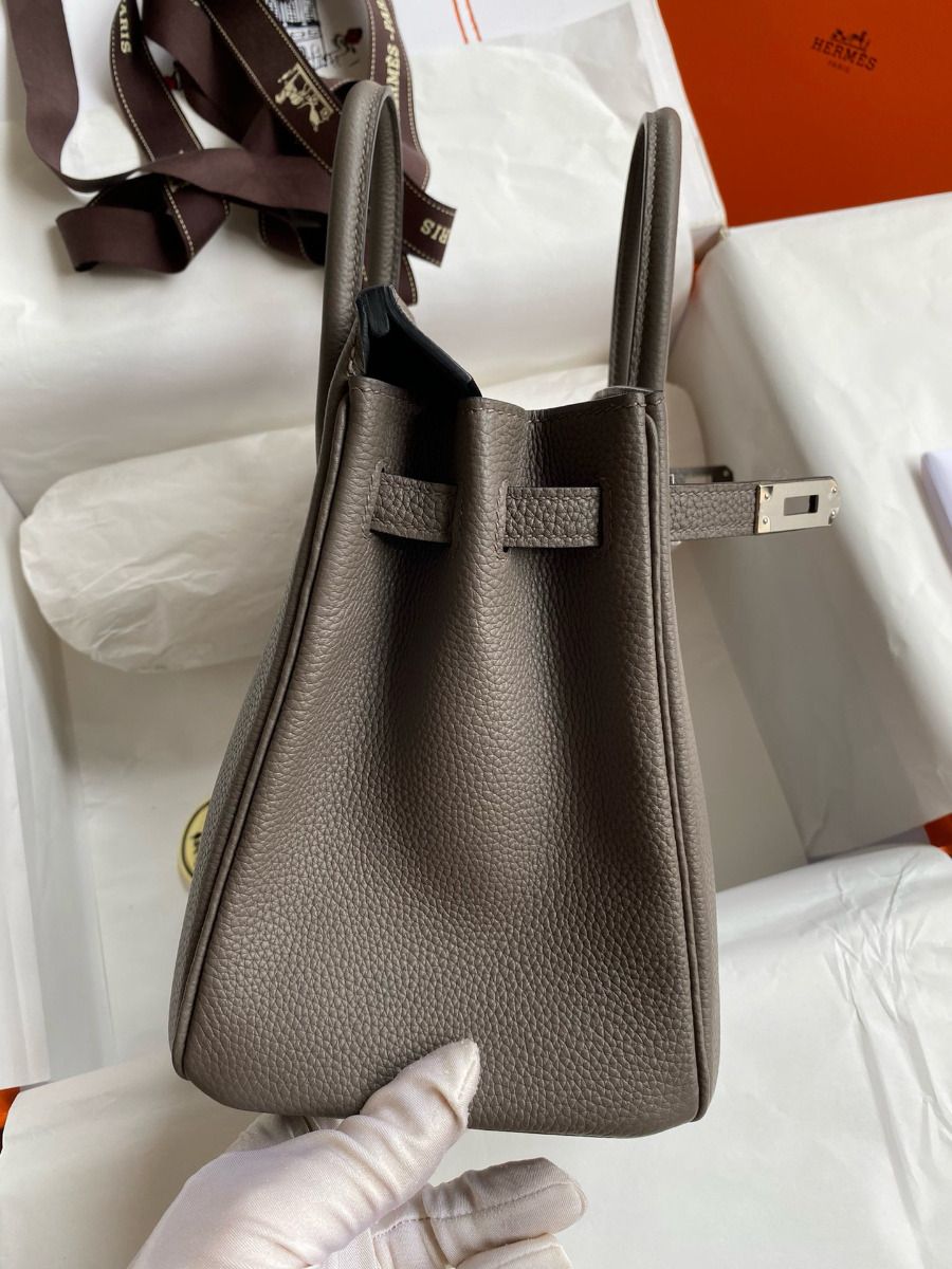 Hermes Birkin 25 Retourne Handmade Bag In Etain Clemence Leather - Image 6