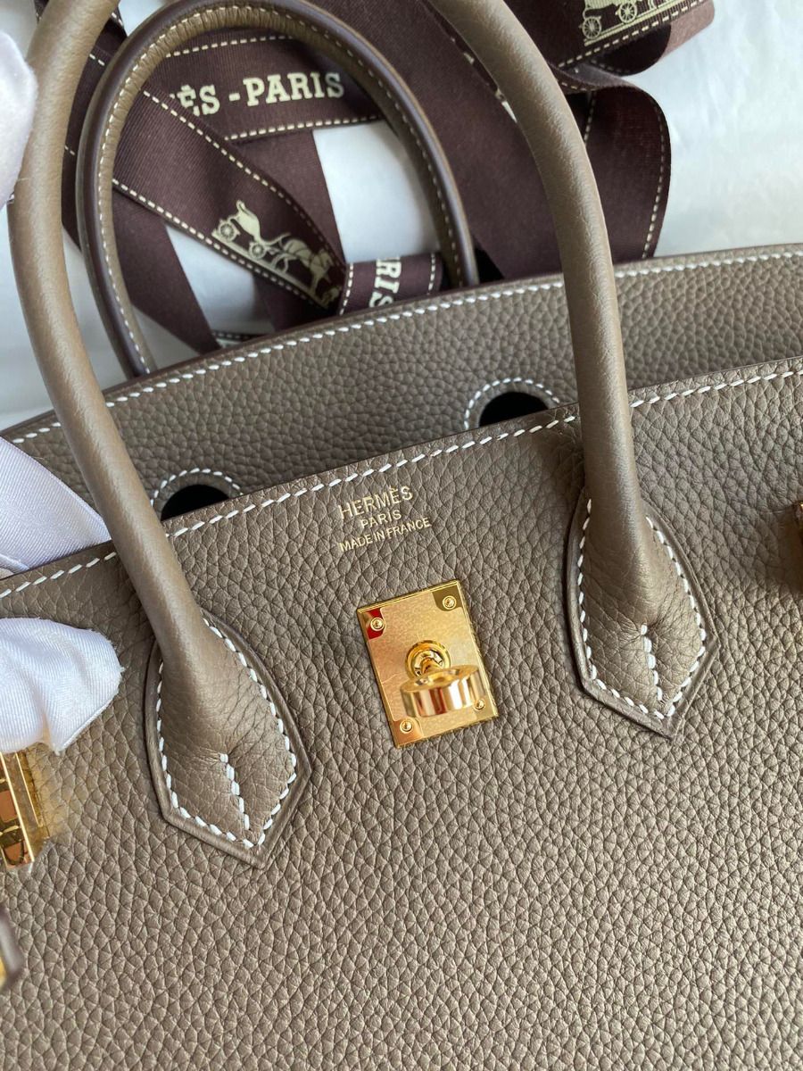 Hermes Birkin 25 Retourne Handmade Bag in Taupe Clemence Leather - Image 7