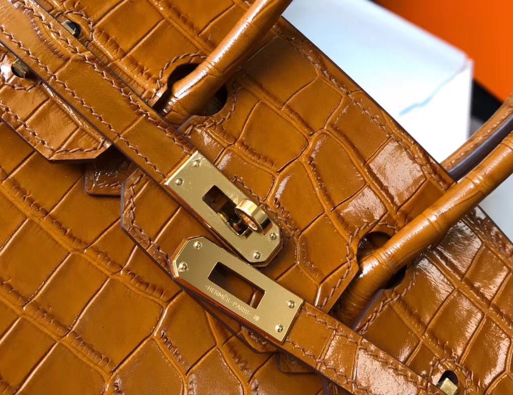 Hermes Birkin 25cm Bag In Gold Embossed Crocodile Leather - Image 4