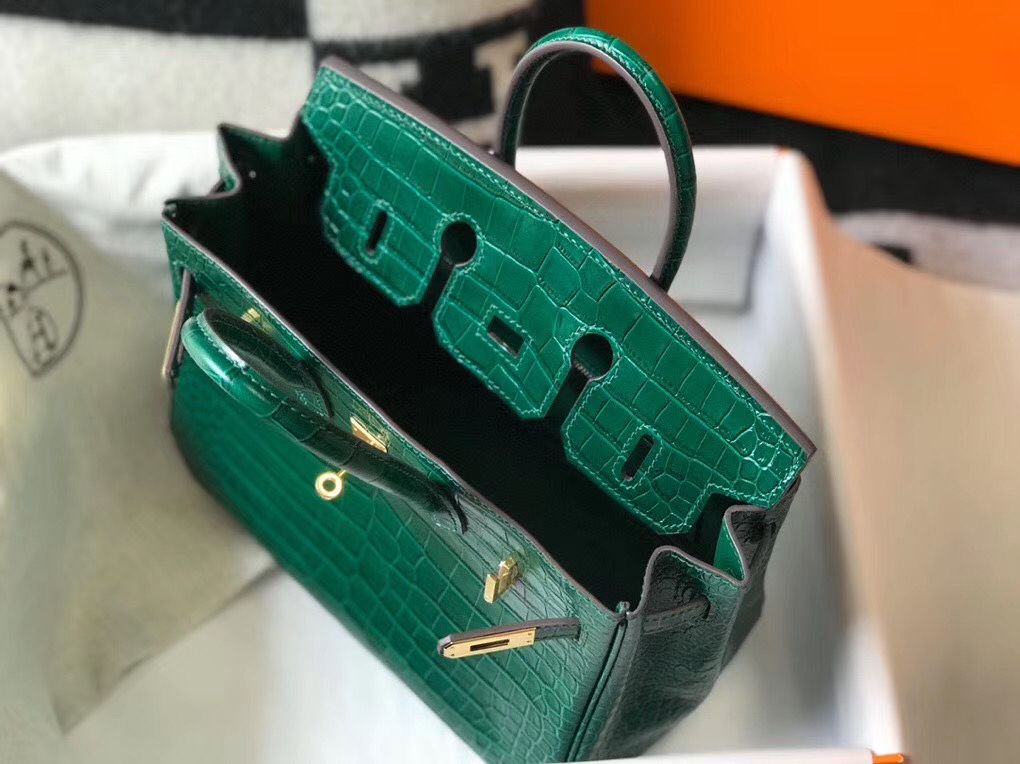Hermes Birkin 25cm Bag In Green Embossed Crocodile Leather - Image 9