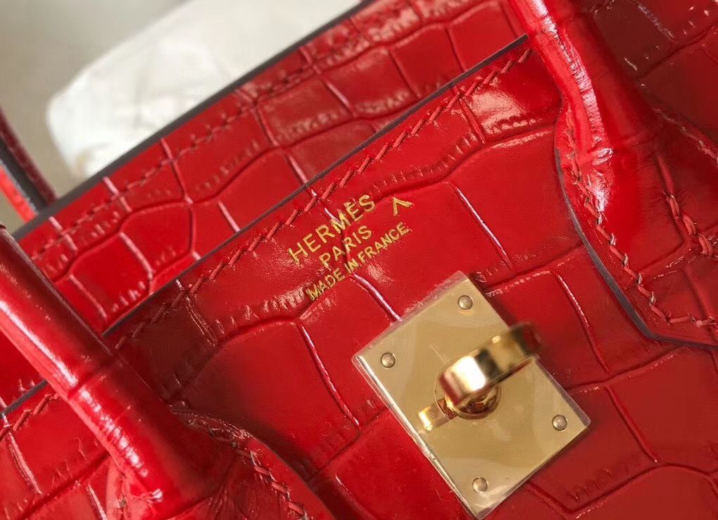 Hermes Birkin 25cm Bag In Red Embossed Crocodile Leather - Image 6