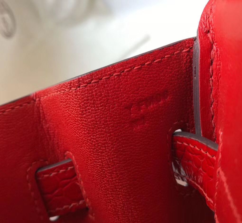 Hermes Birkin 25cm Bag In Red Embossed Crocodile Leather - Image 9