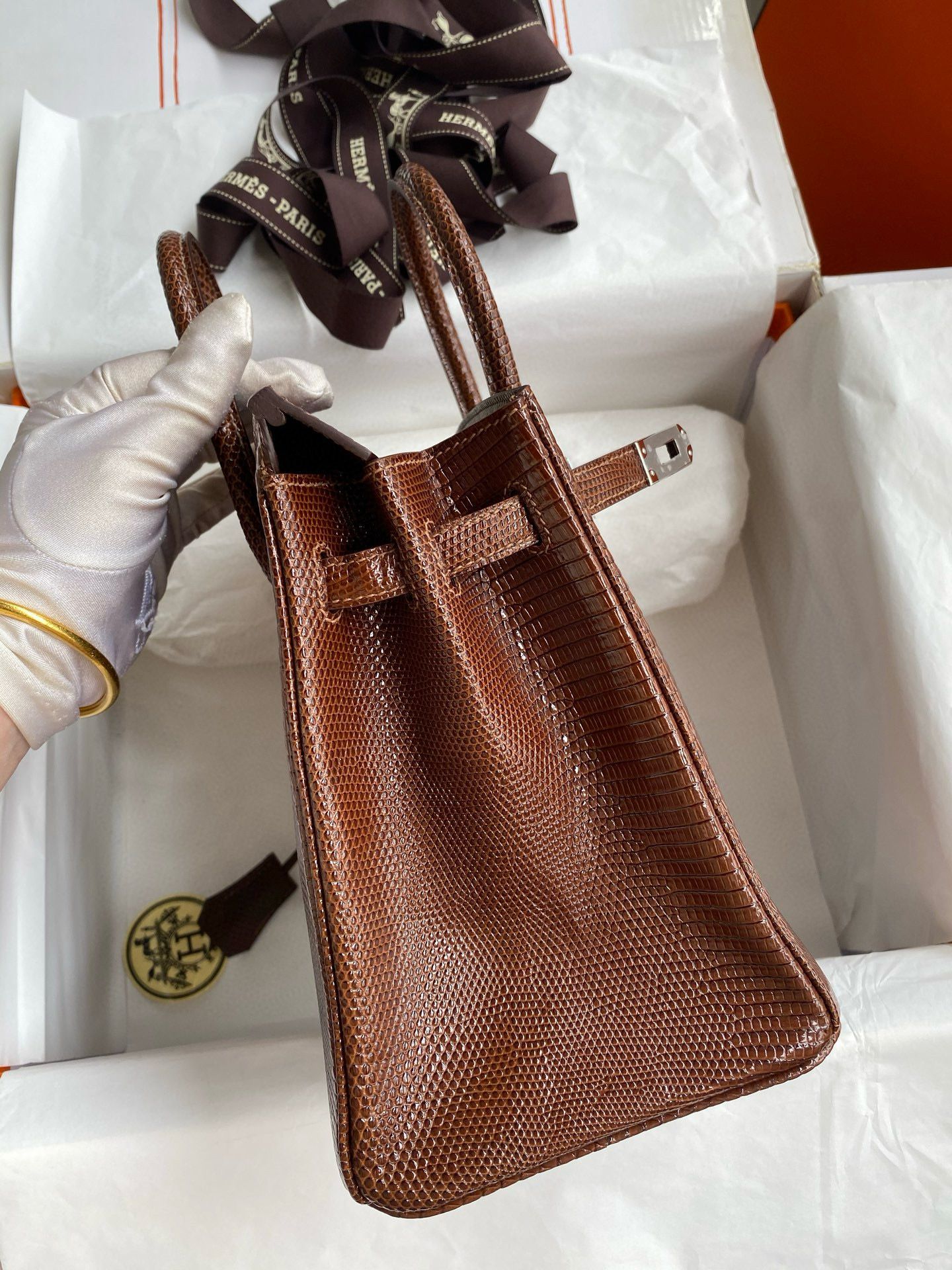 Hermes Birkin 25 Retourne Handmade Bag Caramel Lizard Leather - Image 6