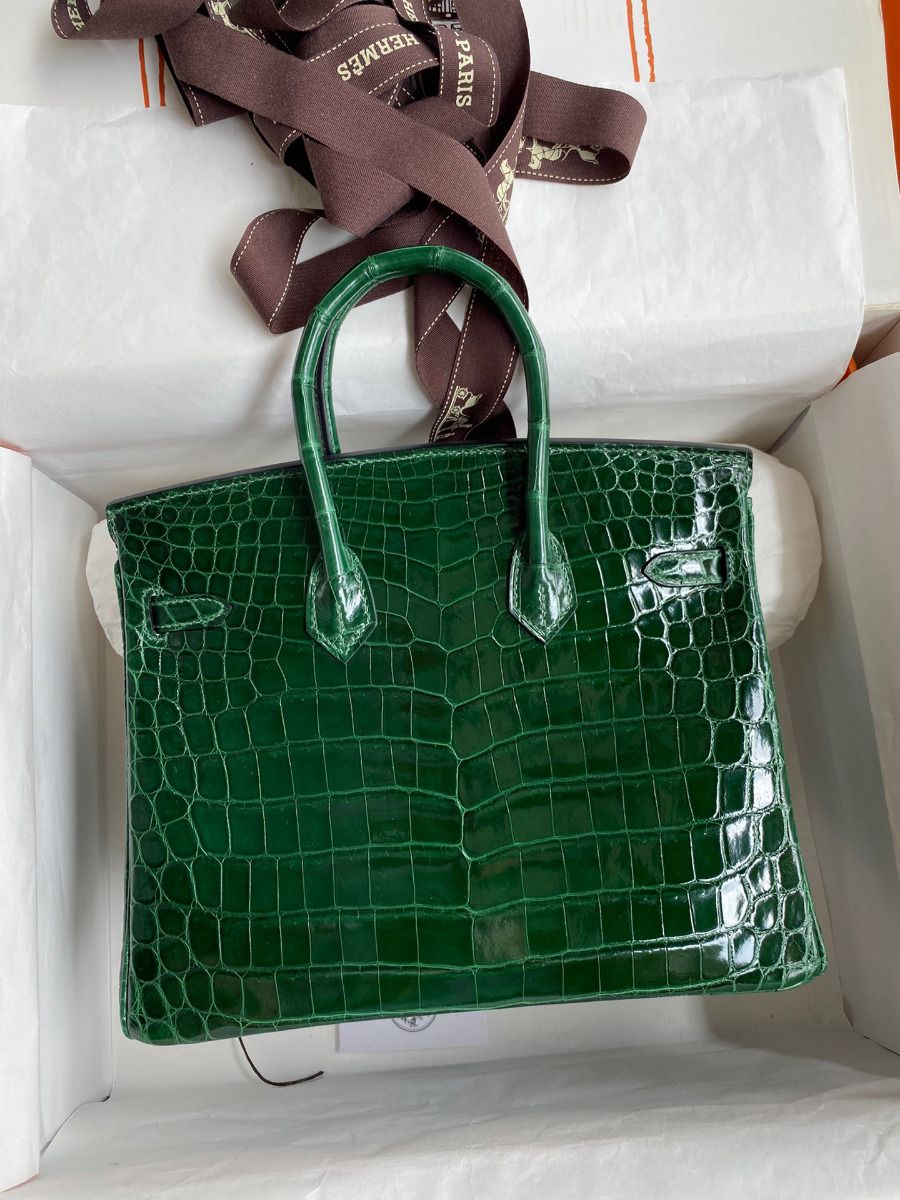 Hermes Birkin 25 Handmade Bag In Malachite Crocodile Niloticus Shiny Skin - Image 3