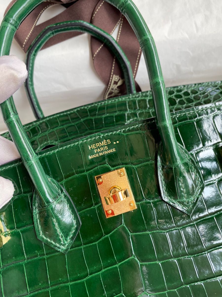 Hermes Birkin 25 Handmade Bag In Malachite Crocodile Niloticus Shiny Skin - Image 7