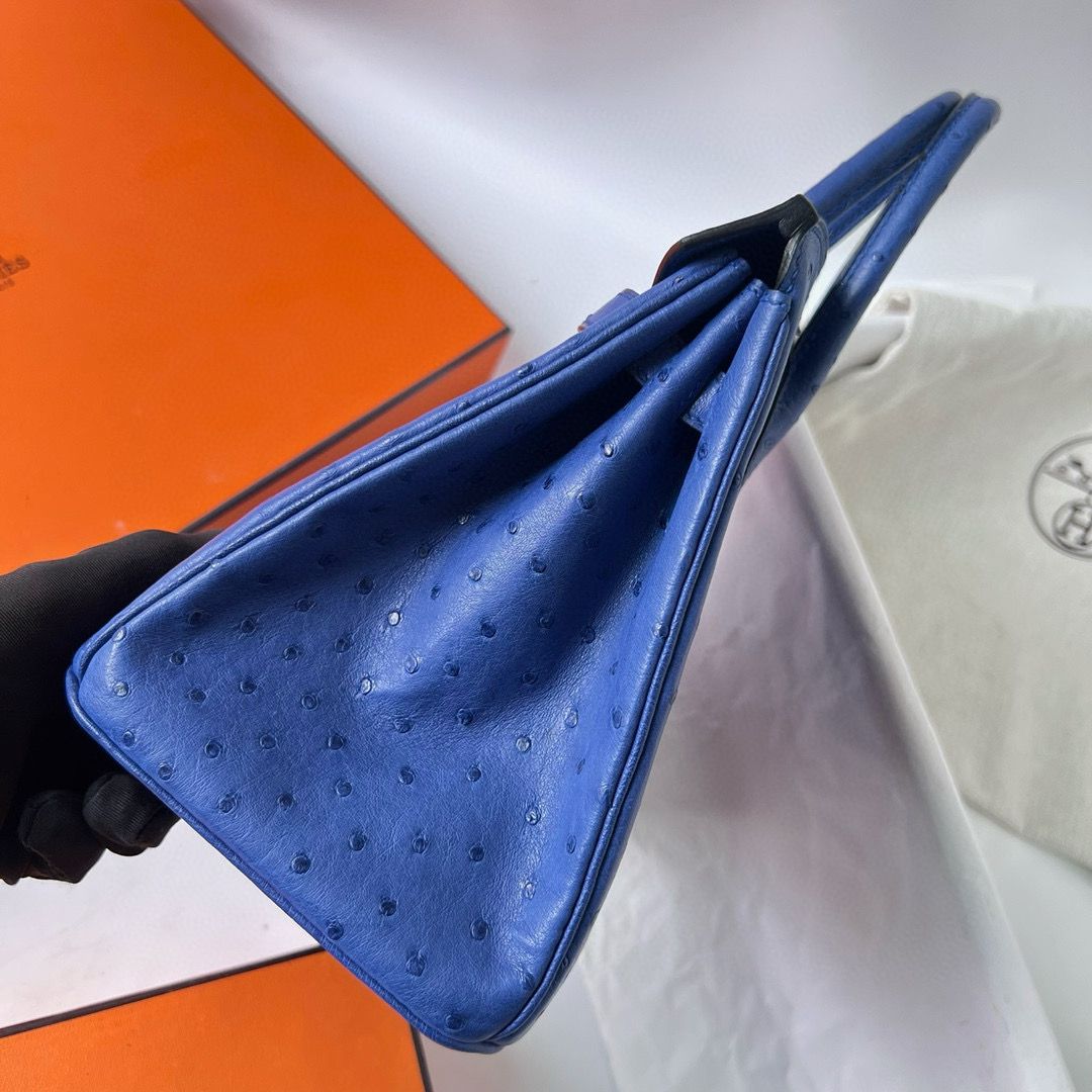 Hermes Birkin 25 Retourne Handmade Bag In Blue Zellige Ostrich Leather - Image 5