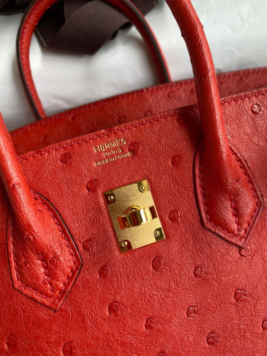 Hermes Birkin 25 Retourne Handmade Bag In Red Ostrich Leather - Image 7