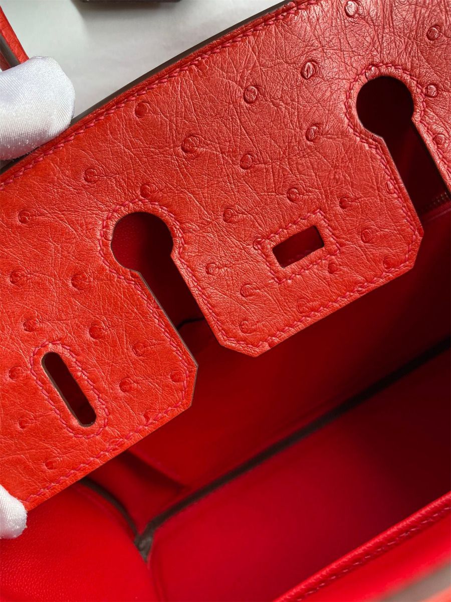 Hermes Birkin 25 Retourne Handmade Bag In Red Ostrich Leather - Image 9