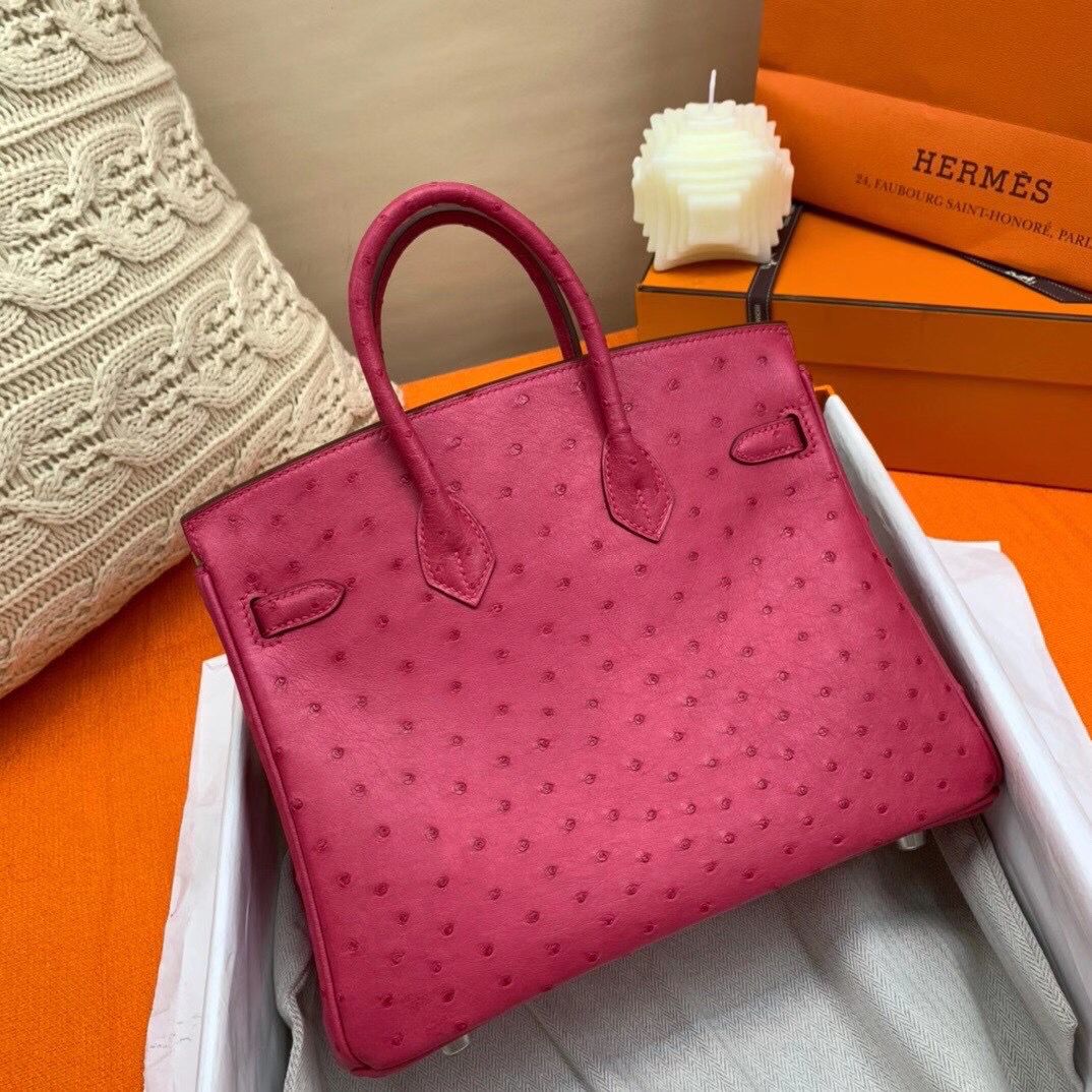 Hermes Birkin 25 Handmade Bag In Rose Red Ostrich Leather - Image 3