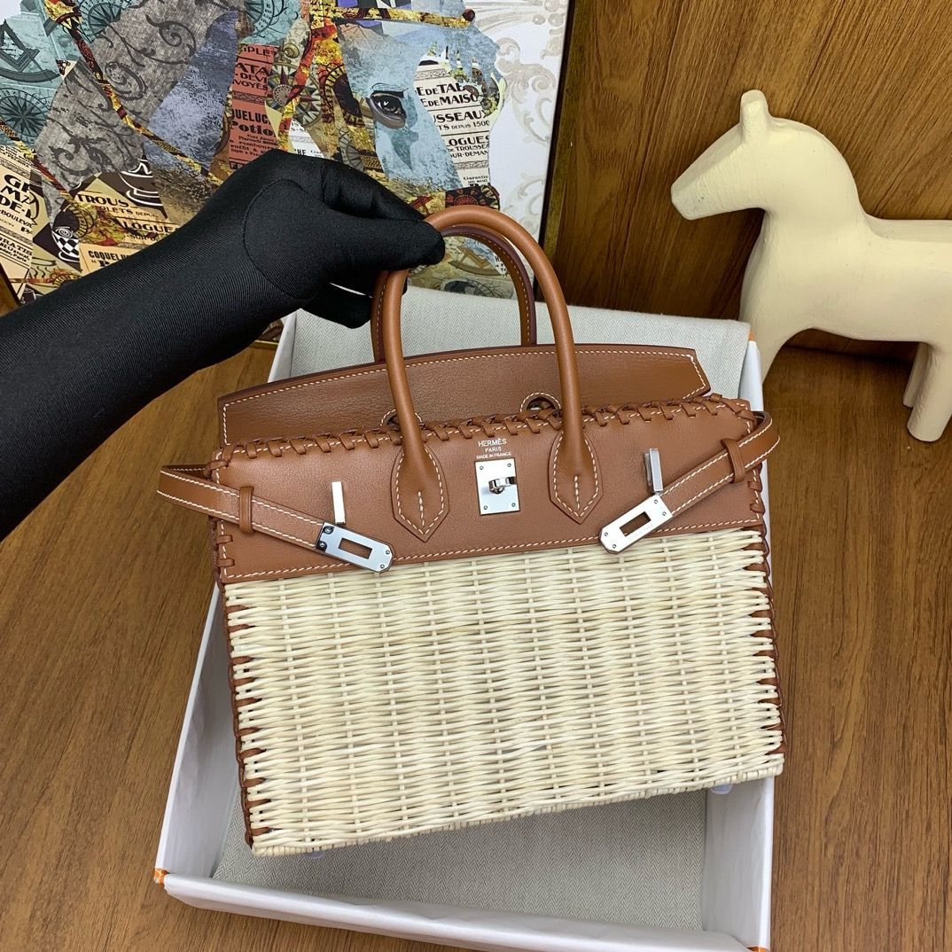 Hermes Picnic Birkin 25 Bag in Wicker with Gold Swift Calfskin - Image 6