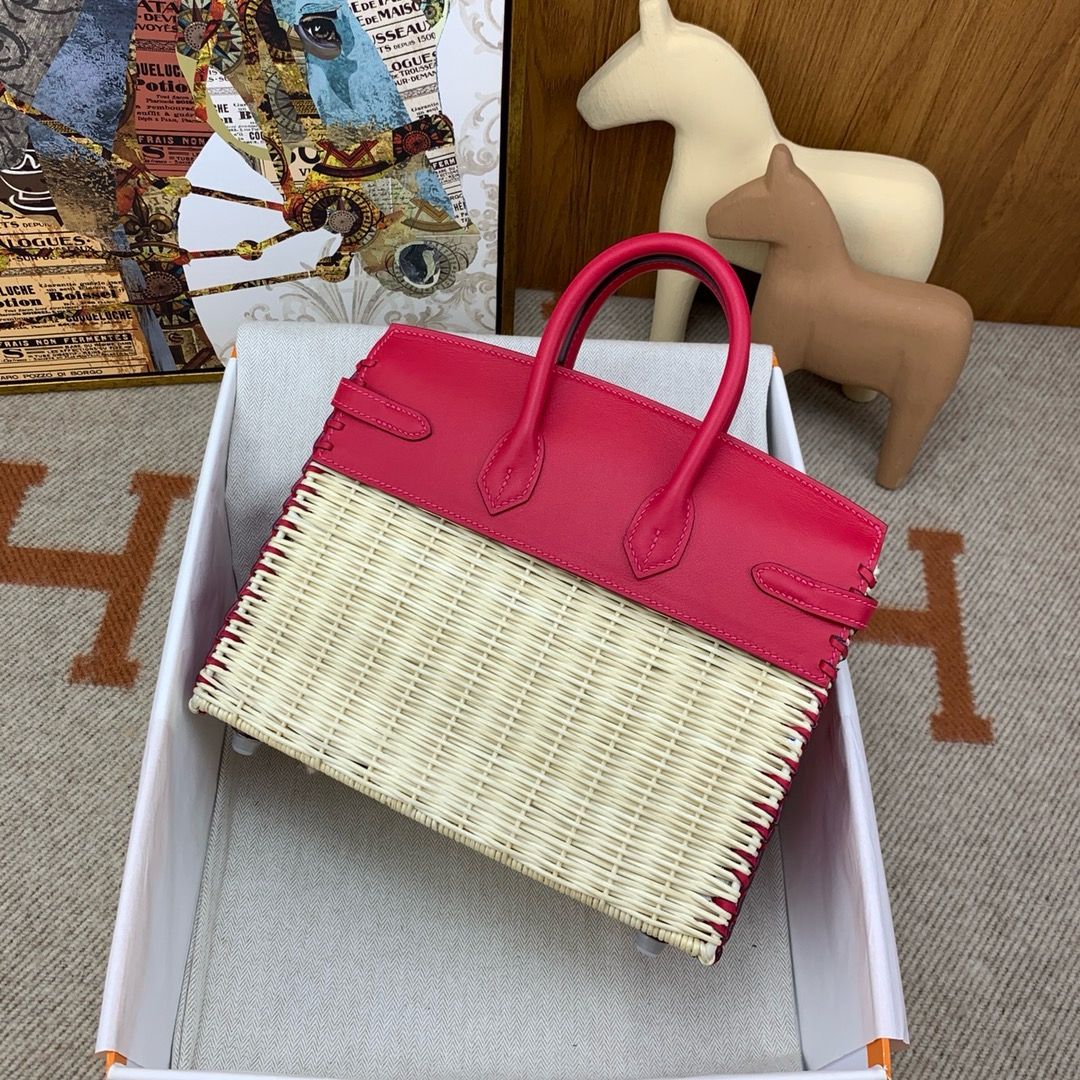 Hermes Picnic Birkin 25 Bag in Wicker with Framboise Swift Calfskin - Image 3