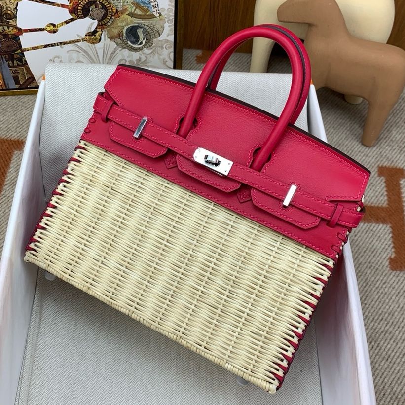 Hermes Picnic Birkin 25 Bag in Wicker with Framboise Swift Calfskin - Image 8