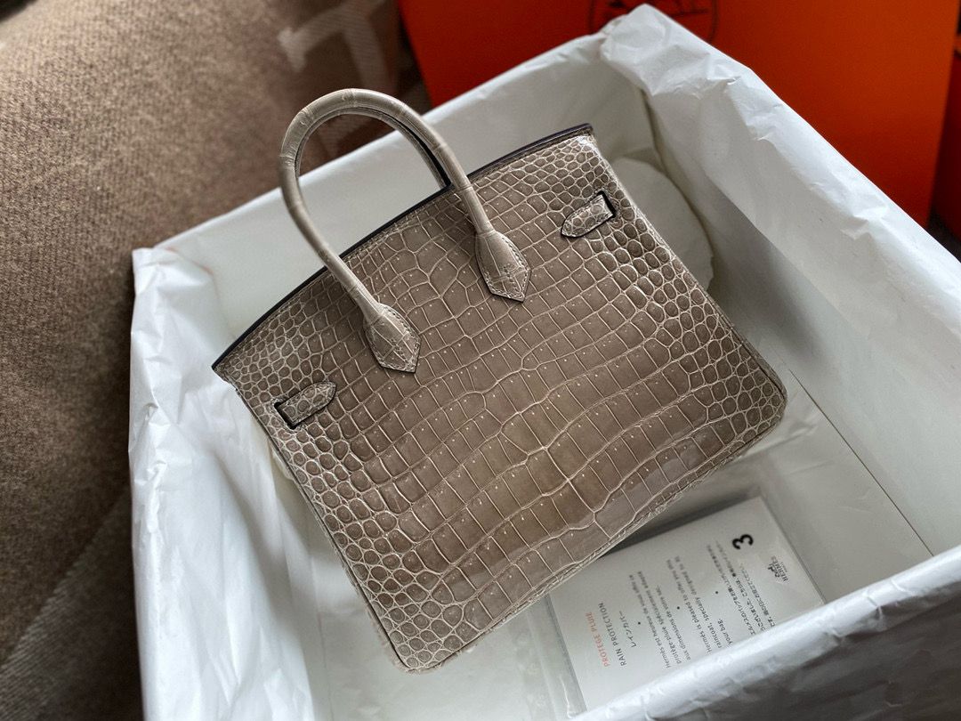 Hermes Birkin 25 Handmade Bag in Tourterelle Porosus Crocodile Shiny Skin - Image 5