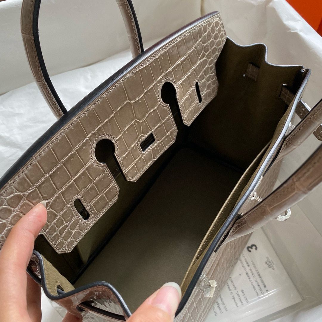 Hermes Birkin 25 Handmade Bag in Tourterelle Porosus Crocodile Shiny Skin - Image 8