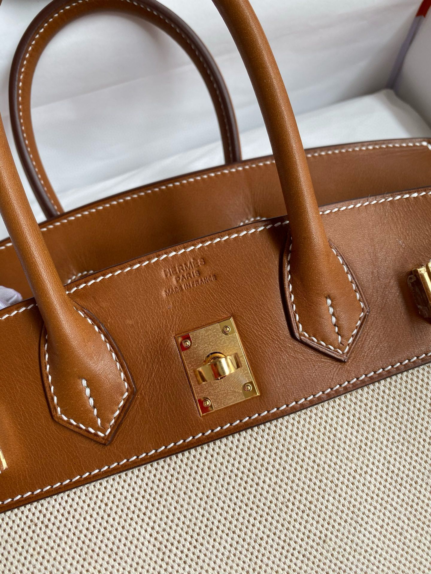 Hermes Birkin 25 Handmade Bag in Toile & Gold Barenia Calfskin - Image 7