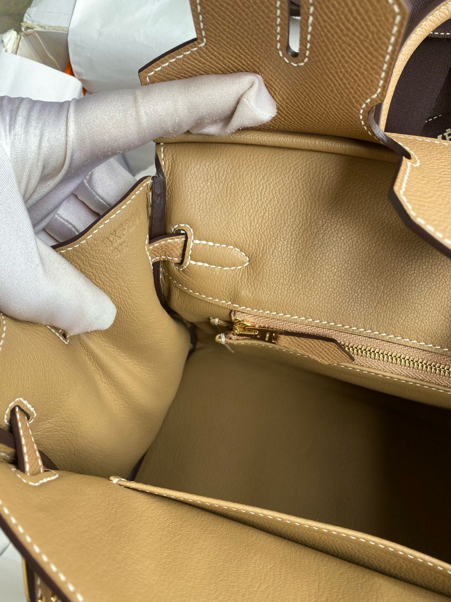 Hermes Birkin 25 Handmade Bag In Toile & Chai Epsom Leather - Image 10