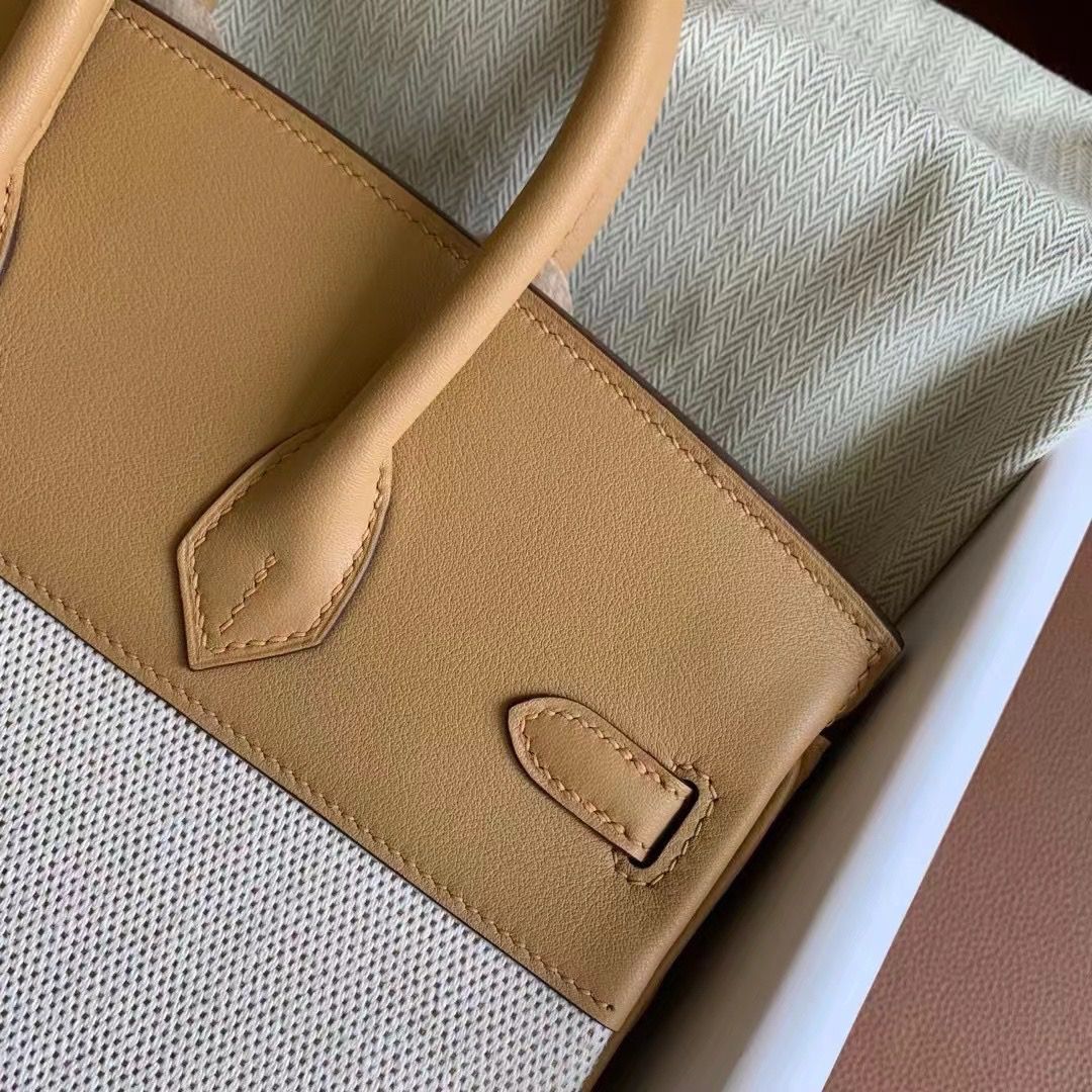 Hermes Birkin 25 Handmade Bag In Toile & Biscuit Swift Leather - Image 5
