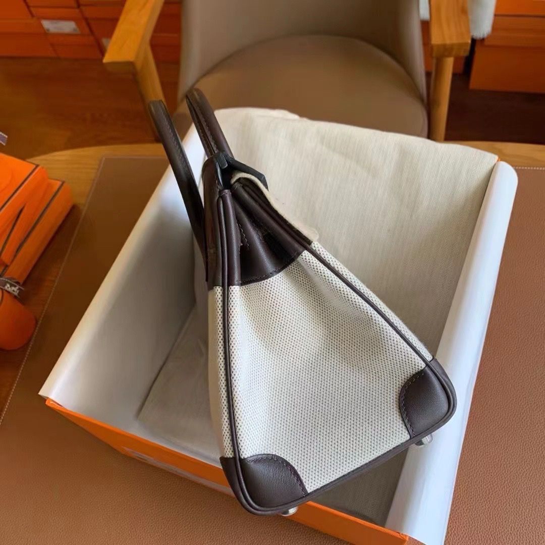 Hermes Birkin 25 Handmade Bag In Toile & Chocolat Swift Leather - Image 4