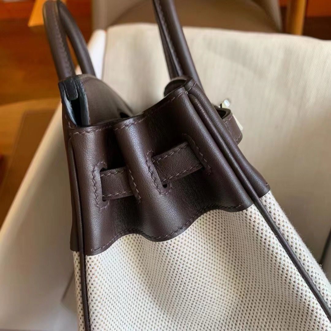 Hermes Birkin 25 Handmade Bag In Toile & Chocolat Swift Leather - Image 9