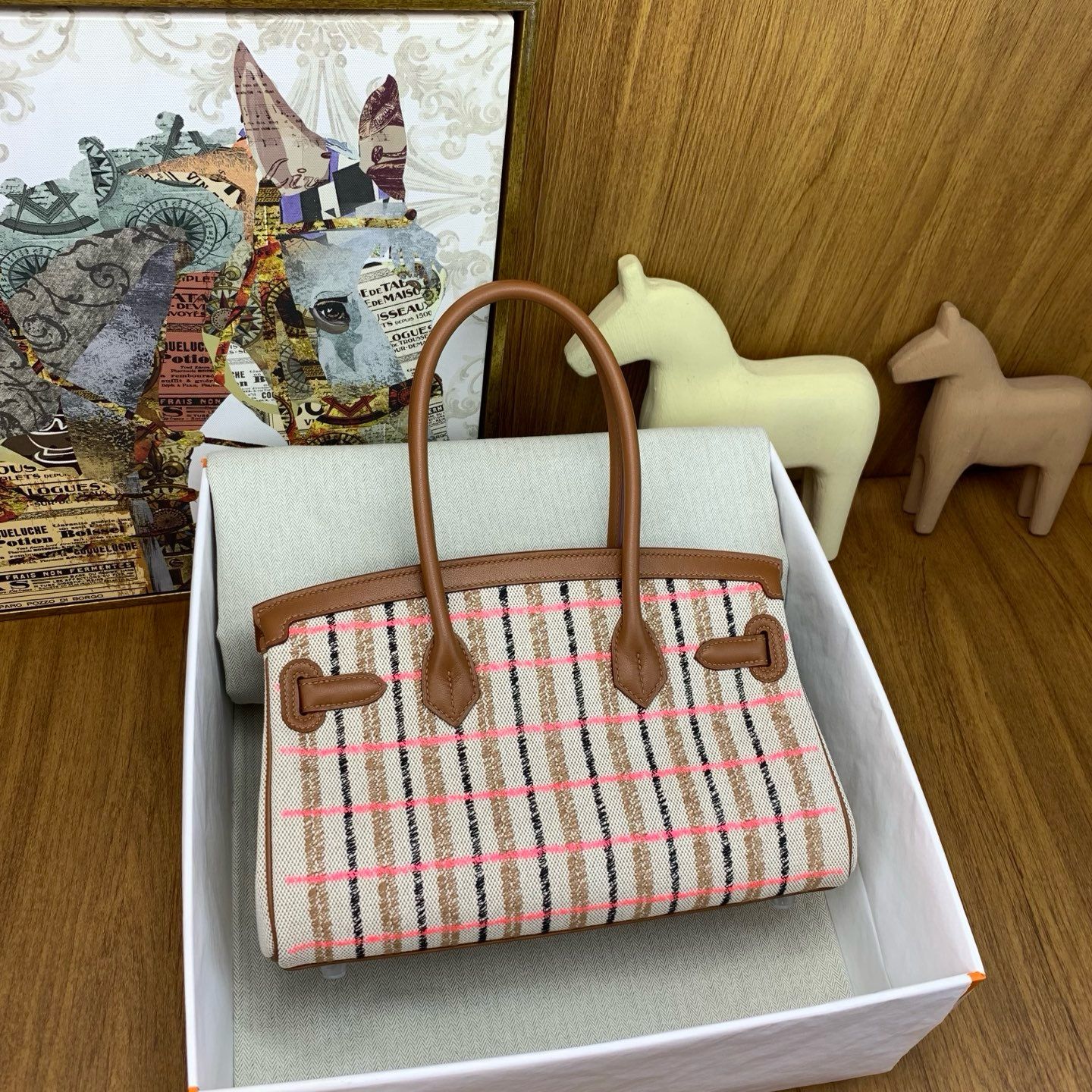 Hermes Shoulder Birkin Light 29 Bag in Toile and Gold Swift Calfskin - Image 3