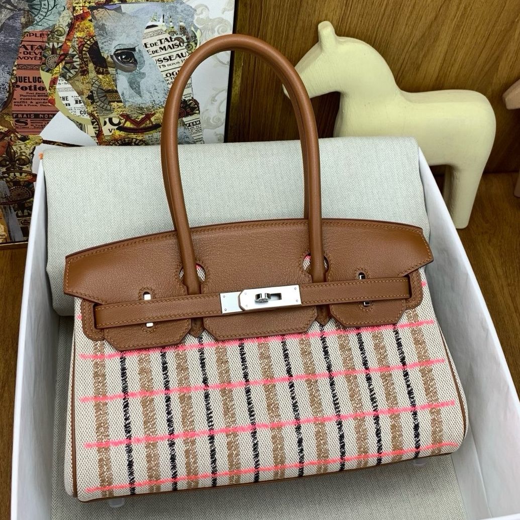 Hermes Shoulder Birkin Light 29 Bag in Toile and Gold Swift Calfskin