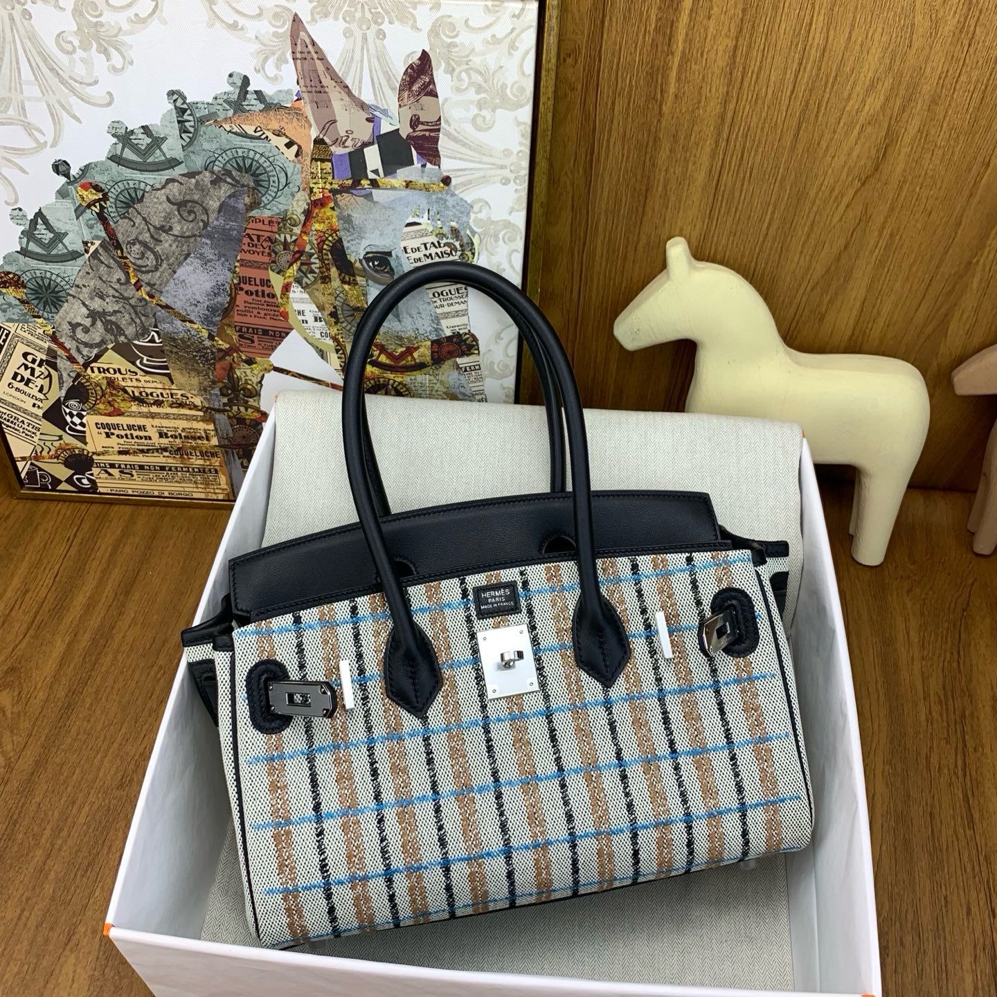 Hermes Shoulder Birkin Light 29 Bag in Toile and Black Swift Calfskin - Image 5