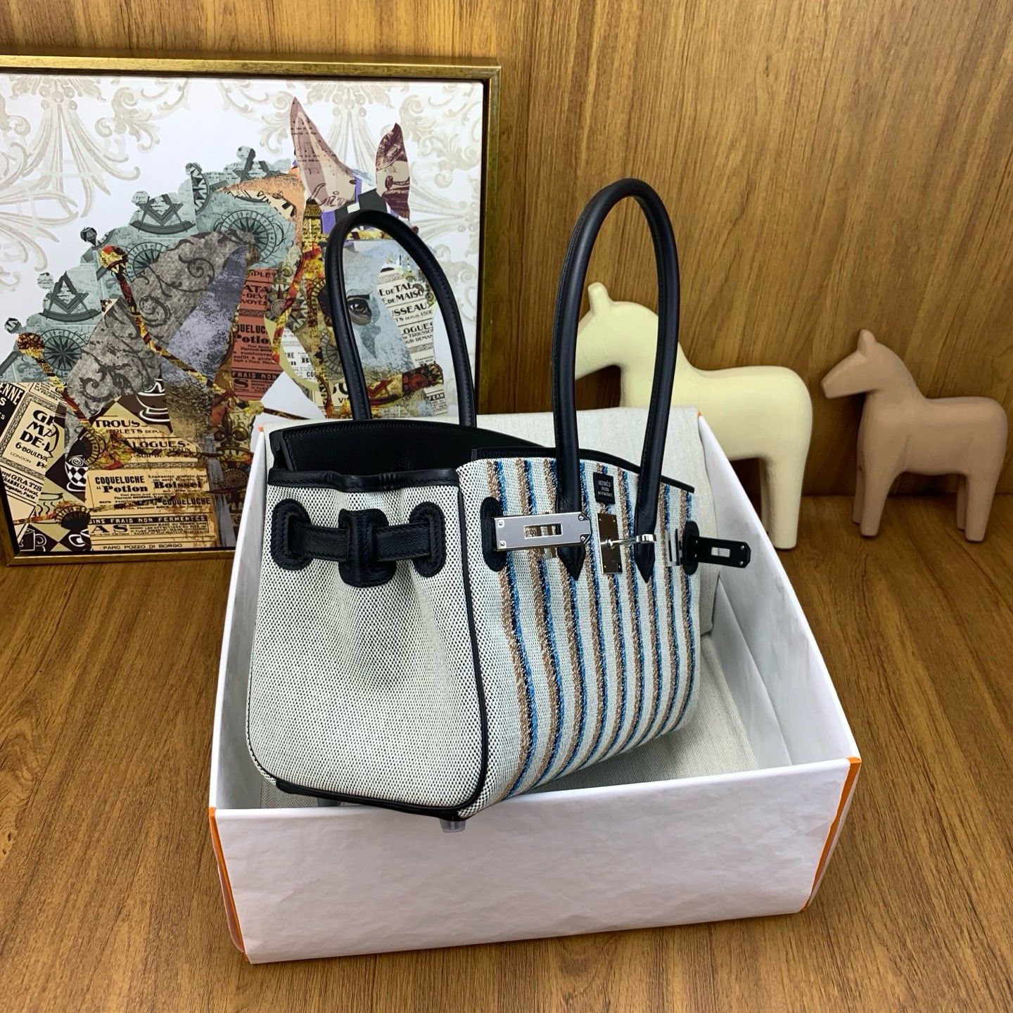 Hermes Shoulder Birkin Light 29 Bag in Toile and Black Swift Leather - Image 6