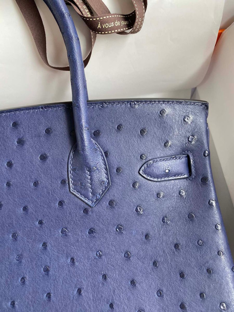 Hermes Birkin 30 Retourne Handmade Bag In Blue Iris Ostrich Leather - Image 5
