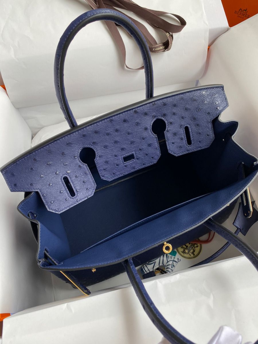 Hermes Birkin 30 Retourne Handmade Bag In Blue Iris Ostrich Leather - Image 6