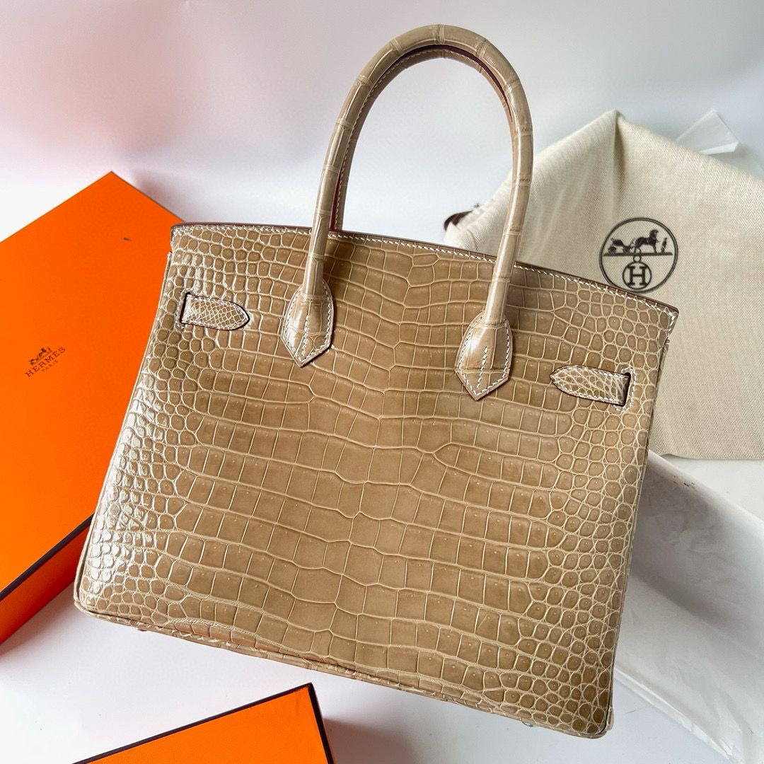 Hermes Birkin 30 Handmade Bag in Biscuit Crocodile Porosus Shiny Skin - Image 8