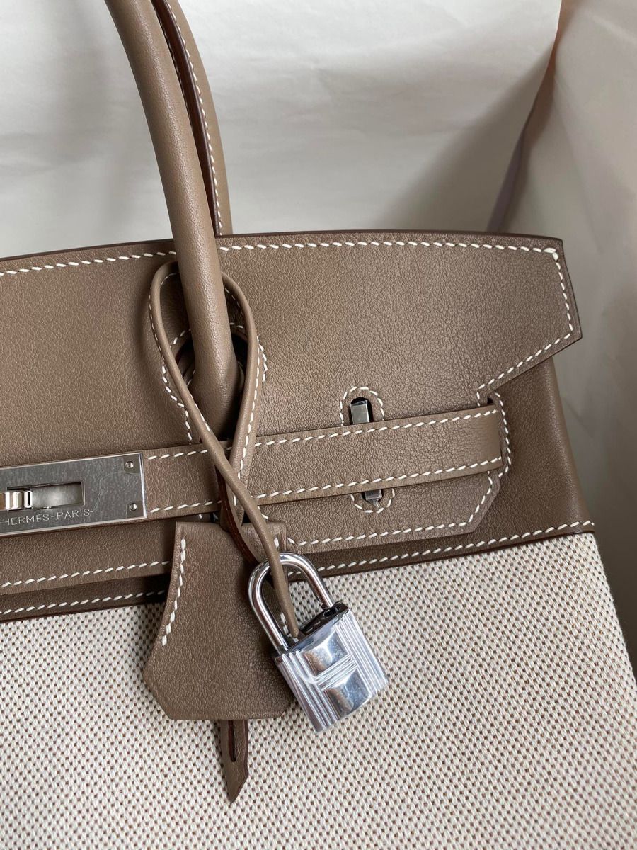 Hermes Birkin 30 Handmade Bag In Toile & Tourterelle Swift Leather - Image 4