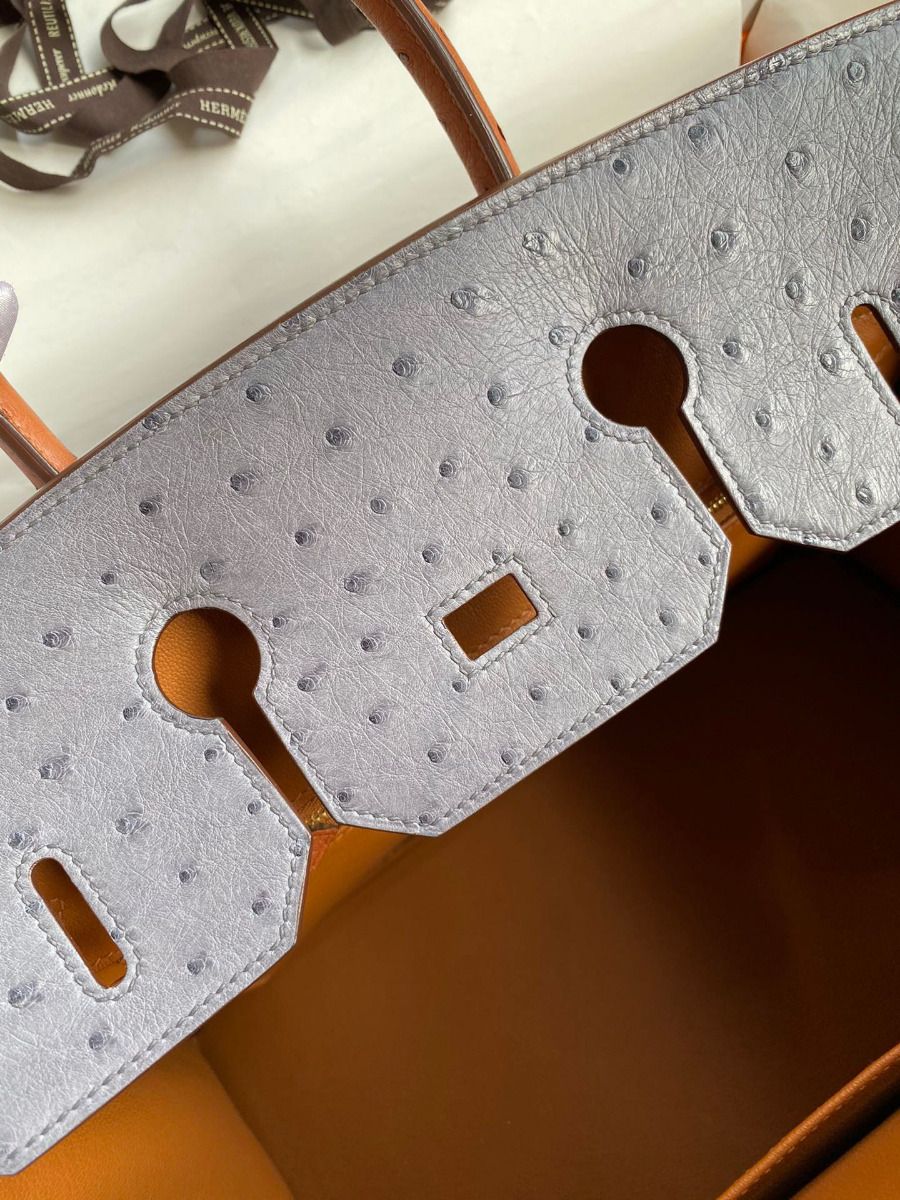 Hermes HSS Birkin 35 Bicolor Bag in Gris Agate and Gold Ostrich Leather - Image 10
