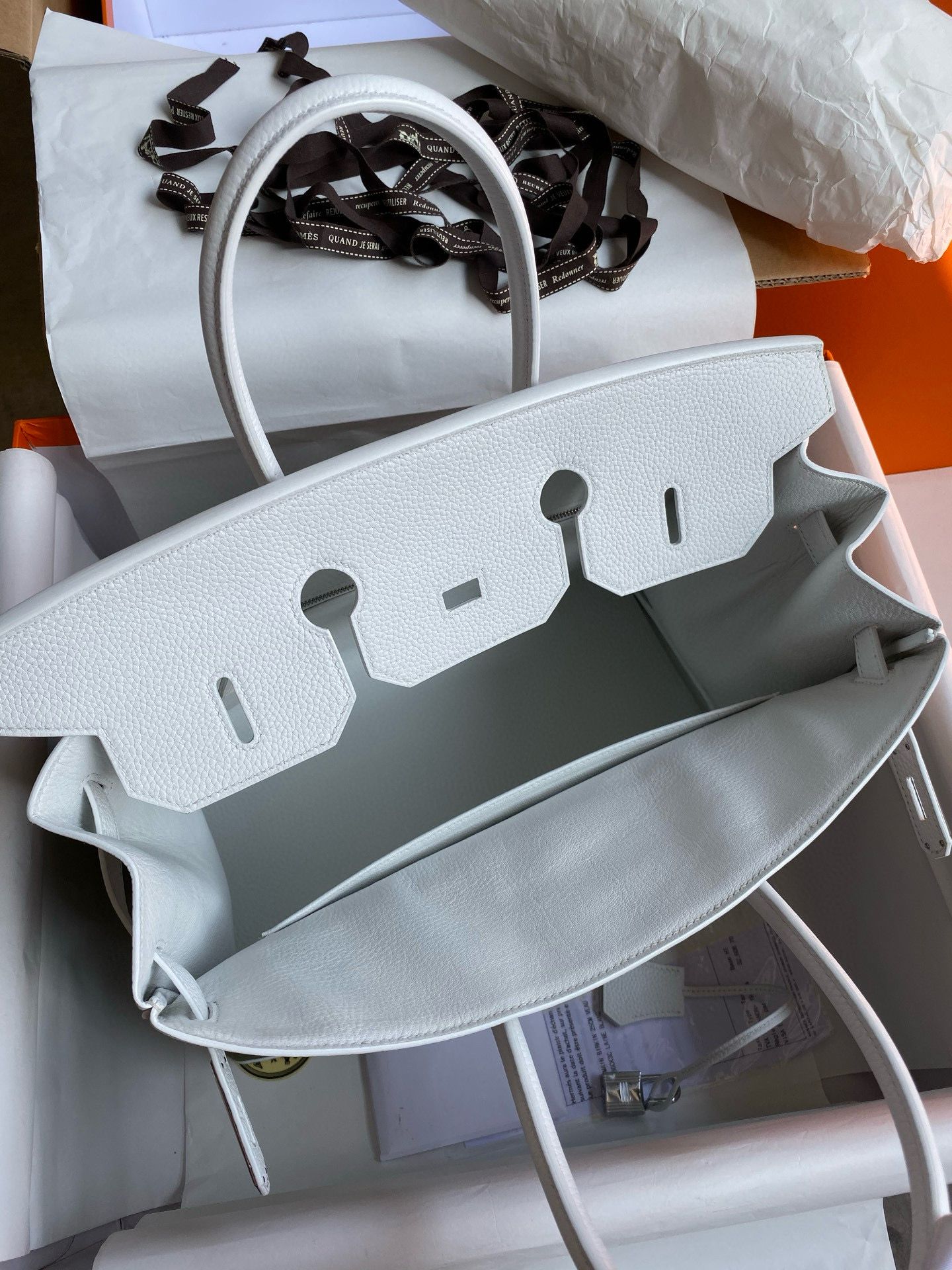 Hermes Birkin 35 Handmade Bag in Green Toile & White Clemence Leather - Image 8