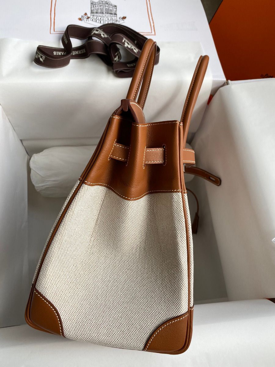 Hermes Birkin 35 Handmade Bag In Toile & Gold Swift Leather - Image 6