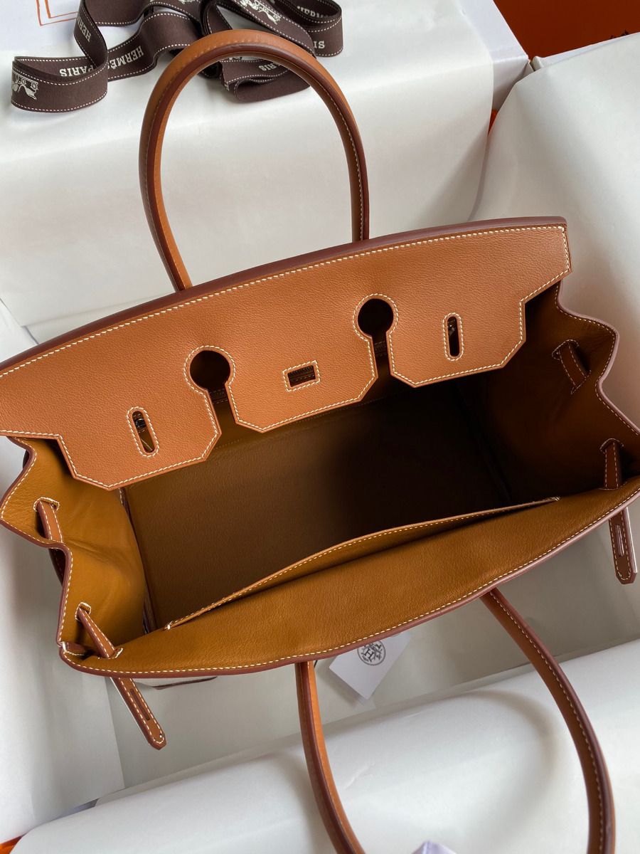 Hermes Birkin 35 Handmade Bag In Toile & Gold Swift Leather - Image 8