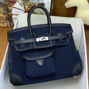 Hermes Birkin Cargo 25 Bag in Blue Toile and Black Swift Leather