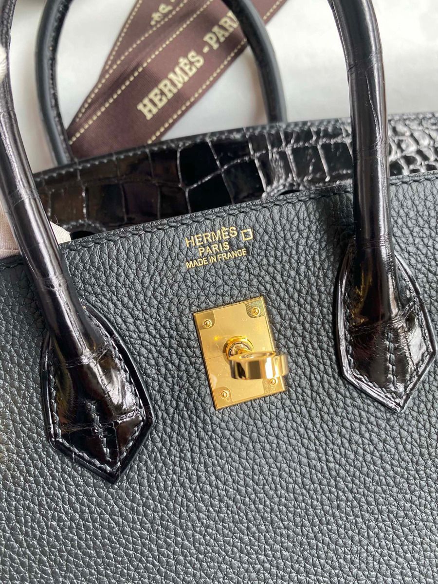 Hermes Touch Birkin 25 Bag in Black Togo and Shiny Alligator Leather - Image 7