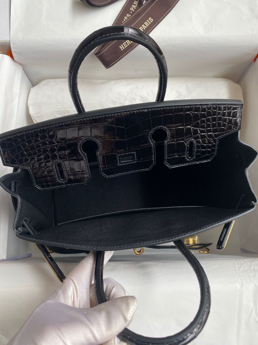 Hermes Touch Birkin 25 Bag in Black Togo and Shiny Alligator Leather - Image 8