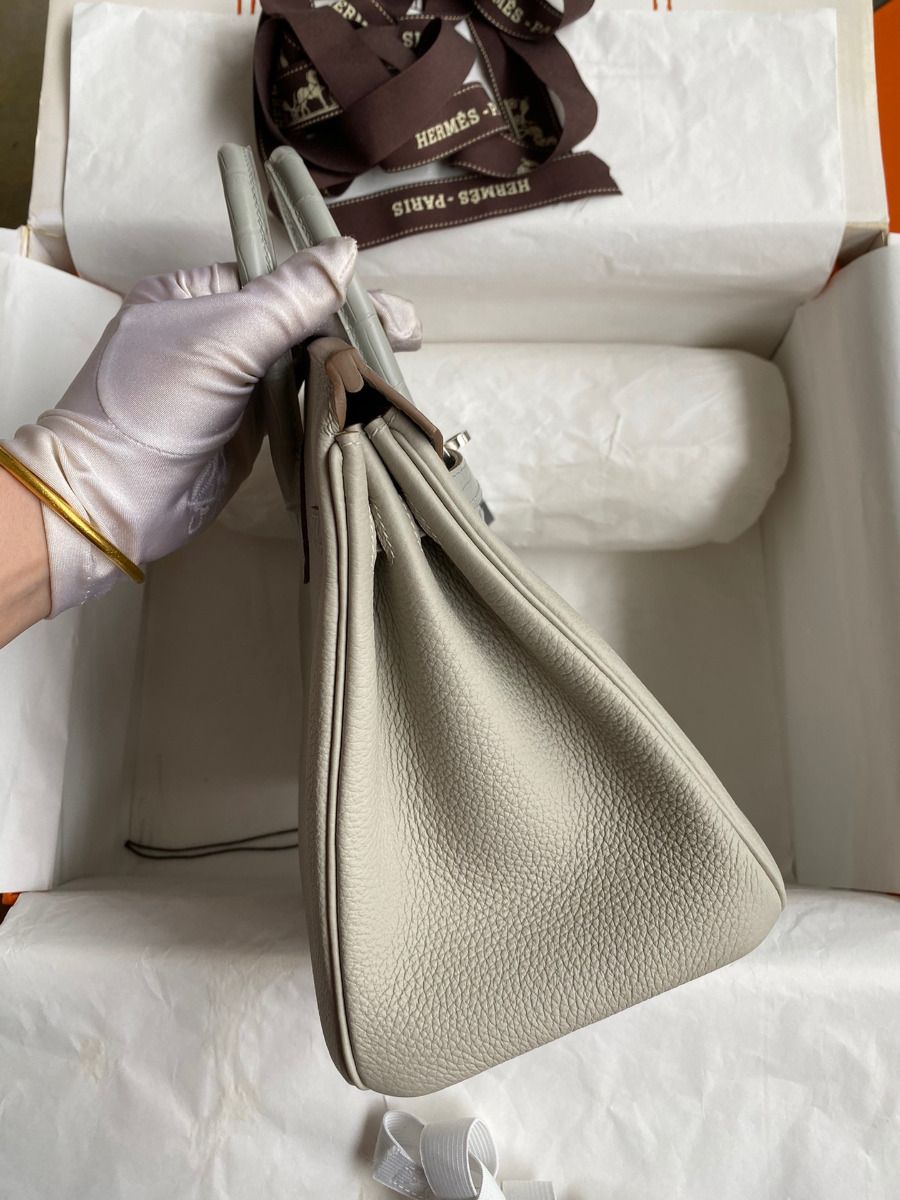 Hermes Touch Birkin 25 Bag in Pearl Grey Togo and Matte Alligator Leather - Image 6