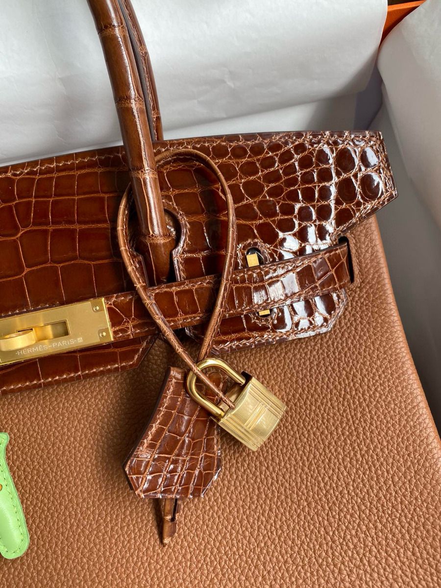Hermes Touch Birkin 30 Bag In Gold Clemence and Shiny Niloticus Crocodile Skin - Image 4