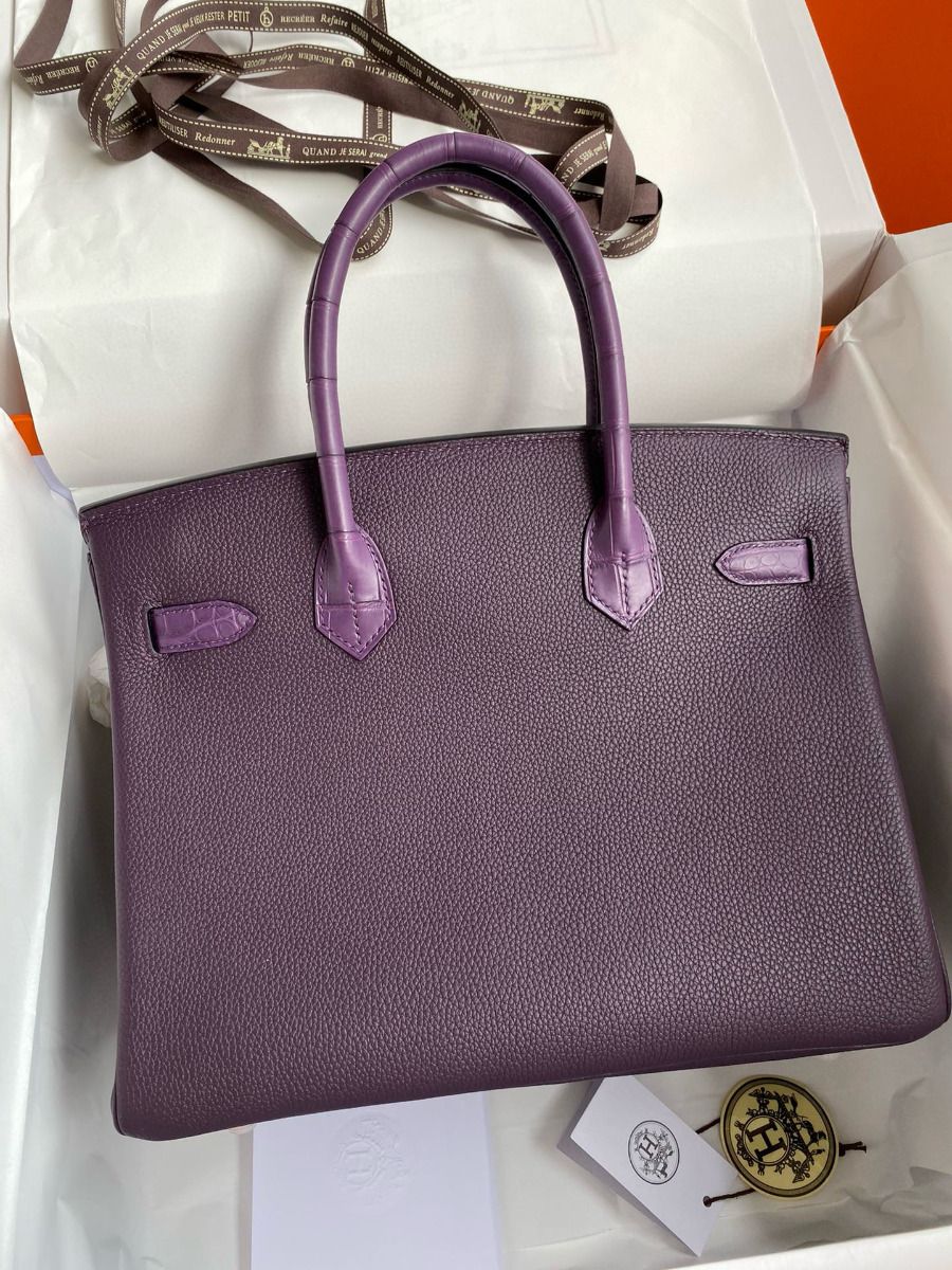 Hermes Touch Birkin 30 Bag in Raisin Clemence and Matte Alligator Leather - Image 3