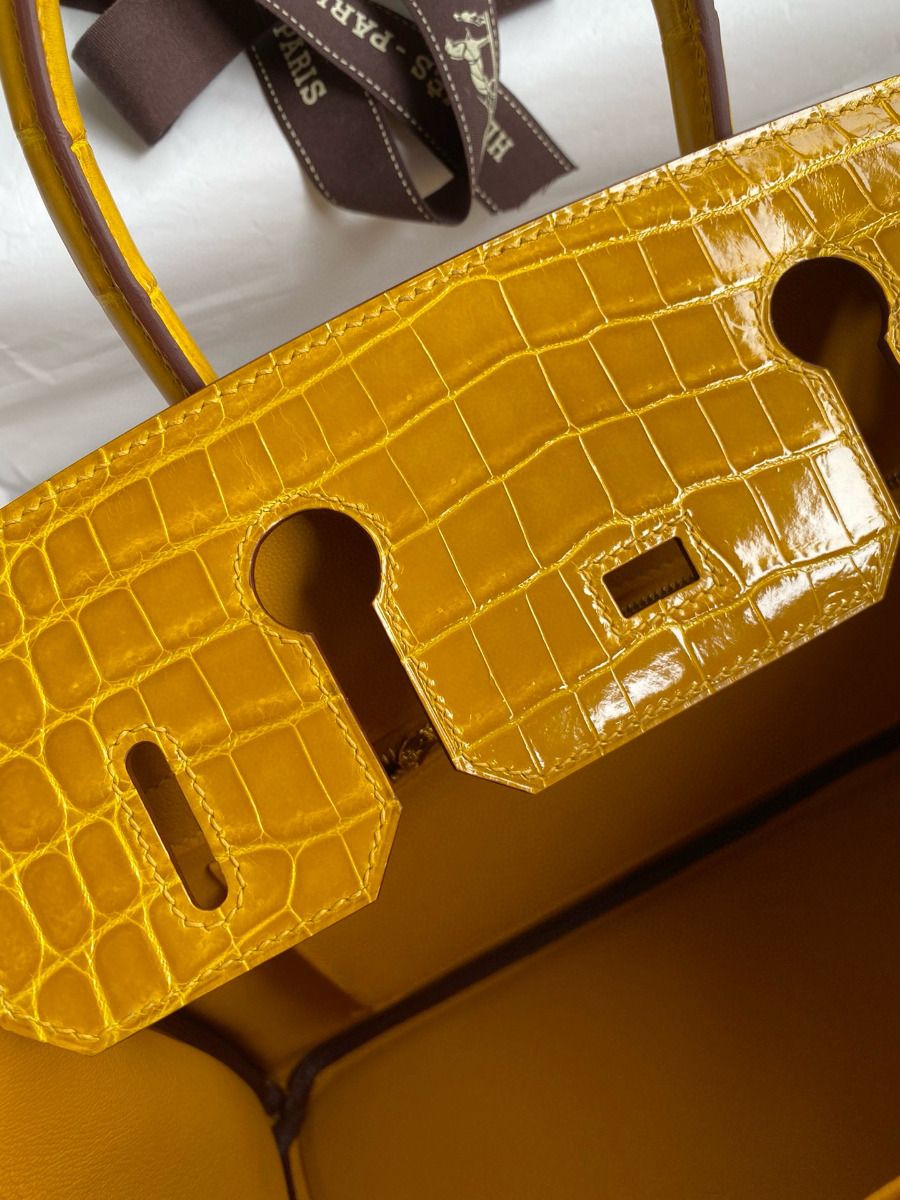 Hermes Touch Birkin 30 Bag In Yellow Clemence and Shiny Niloticus Crocodile Skin - Image 8