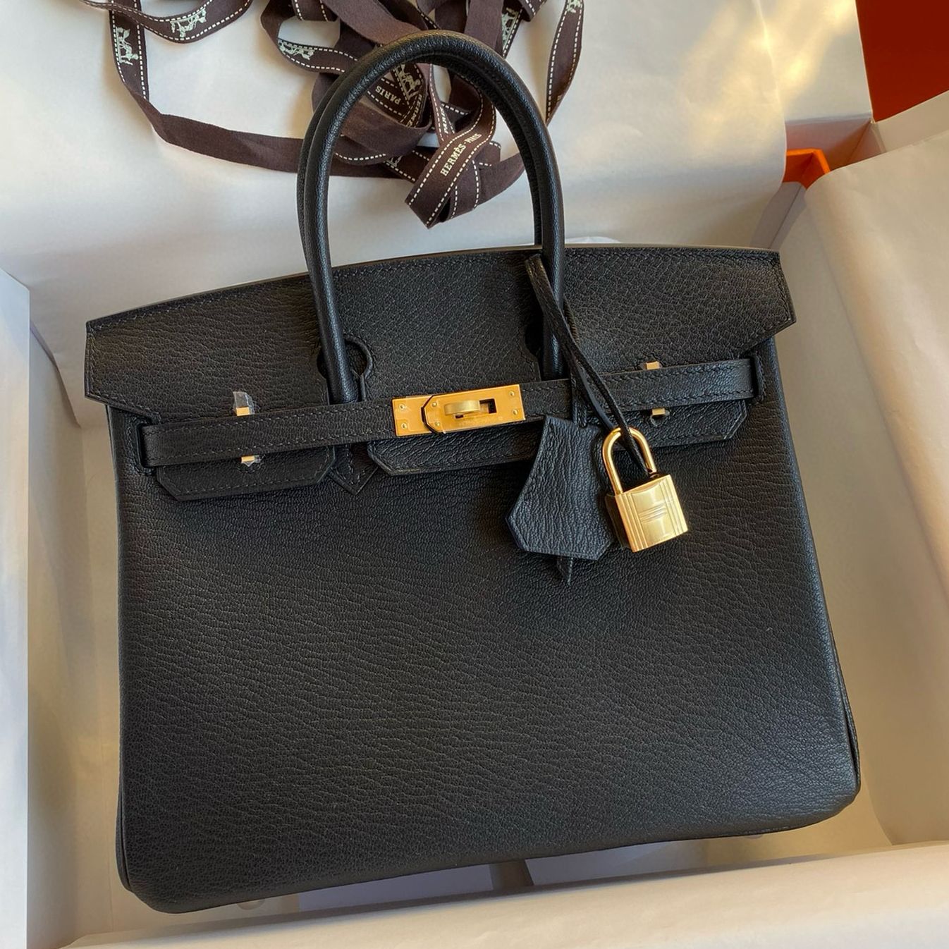 Hermes Birkin 25 Verso Retourne Handmade Bag in Noir Chevre Mysore Goatskin