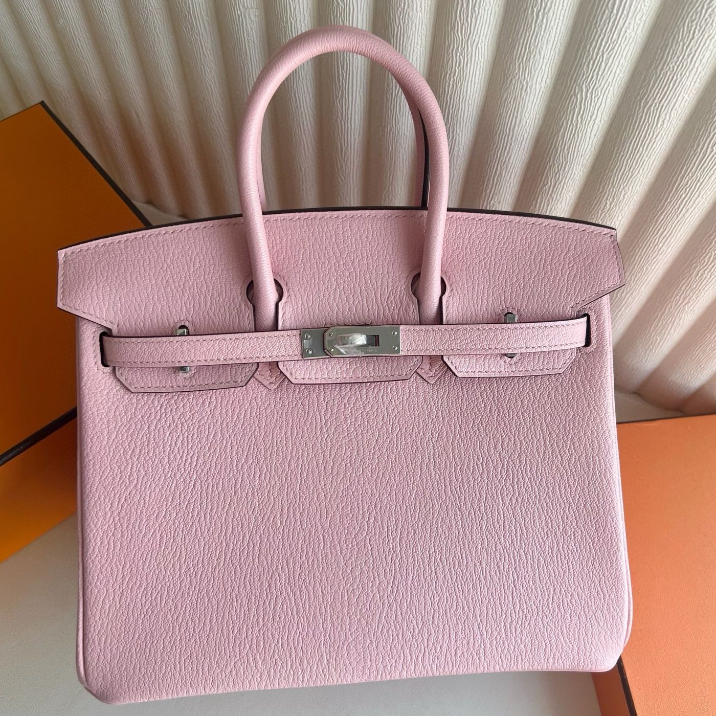 Hermes Birkin 25 Verso Retourne Handmade Bag in Pink Chevre Mysore Goatskin