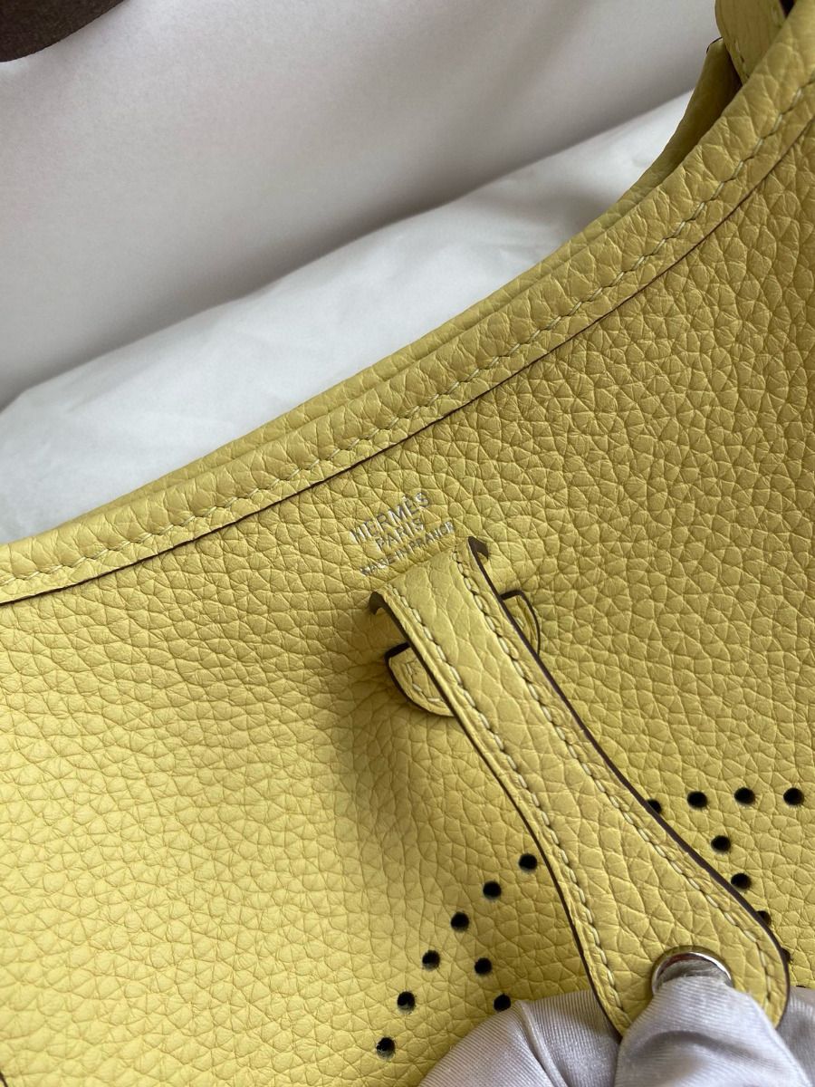 Hermes Evelyne Mini Handmade Bag in Jaune Poussin Clemence Leather - Image 6