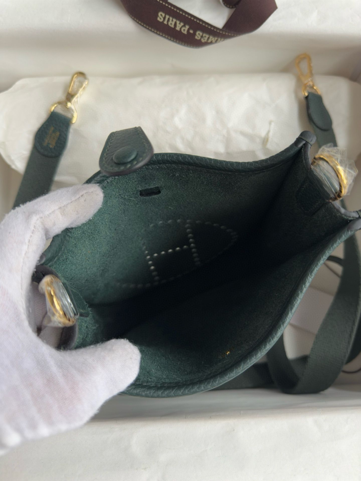 Hermes Evelyne Mini Handmade Bag in Vert Cypres Clemence Leather - Image 10